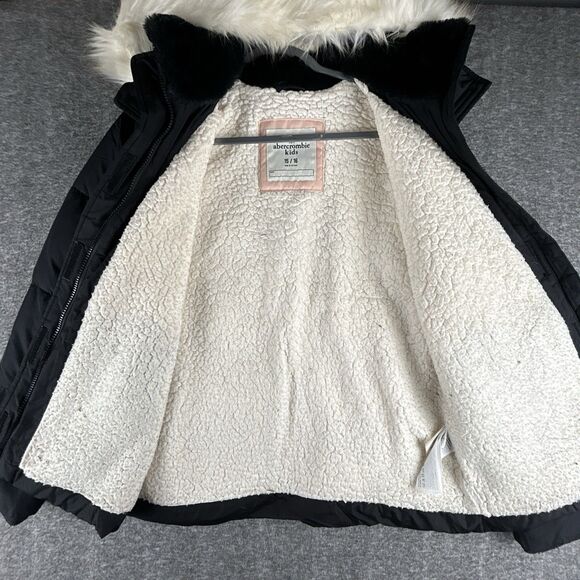 Abercrombie Kids Puffer Jacket 15/16 Black Faux Fur Hood Sherpa Winter Coat - Picture 4 of 9